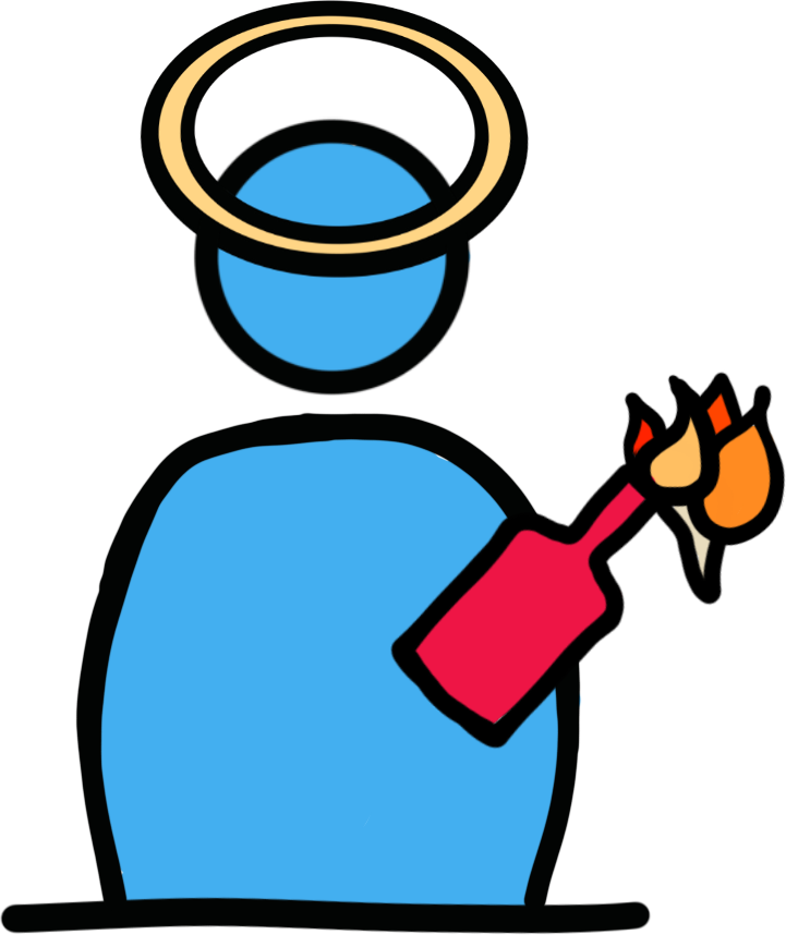 a blue figure with a halo holding a red molotov cocktail.